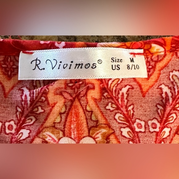 R Vivimos Bohemian Size M Red Orange Floral Pheasant Dress Knee Length Loose Fit - Picture 7 of 15
